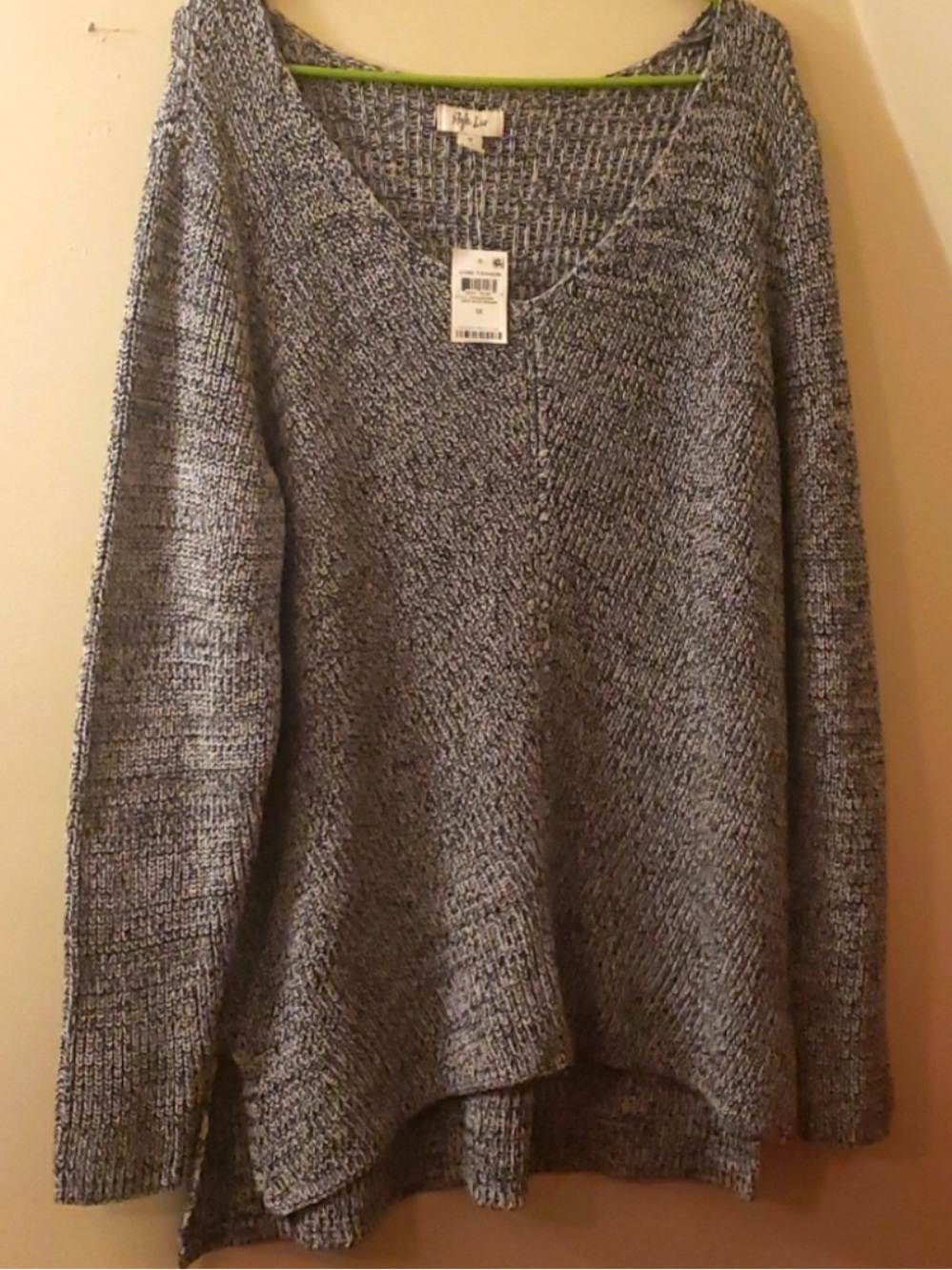 STYLE & CO🌲 LONG BLACK/WHITE 100% COTTON KNIT V-NECK SWEATER Women’s 1X